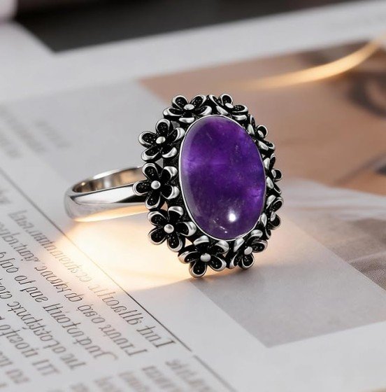 Oval Stone Flower Ring